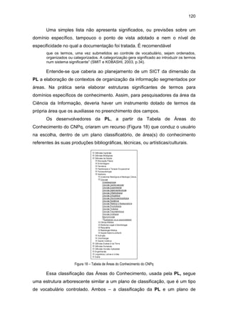 120
Uma simples lista não apresenta significados, ou previsões sobre um
domínio específico, tampouco o ponto de vista adotado e nem o nível de
especificidade no qual a documentação foi tratada. É recomendável
que os termos, uma vez submetidos ao controle de vocabulário, sejam ordenados,
organizados ou categorizados. A categorização gera significado ao introduzir os termos
num sistema significante” (SMIT e KOBASHI, 2003, p.34).
Entende-se que caberia ao planejamento de um SICT da dimensão da
PL a elaboração de contextos de organização da informação segmentados por
áreas. Na prática seria elaborar estruturas significantes de termos para
domínios específicos de conhecimento. Assim, para pesquisadores da área da
Ciência da Informação, deveria haver um instrumento dotado de termos da
própria área que os auxiliasse no preenchimento dos campos.
Os desenvolvedores da PL, a partir da Tabela de Áreas do
Conhecimento do CNPq, criaram um recurso (Figura 18) que conduz o usuário
na escolha, dentro de um plano classificatório, de área(s) do conhecimento
referentes às suas produções bibliográficas, técnicas, ou artísticas/culturais.
Figura 18 – Tabela de Áreas do Conhecimento do CNPq
Essa classificação das Áreas do Conhecimento, usada pela PL, segue
uma estrutura arborescente similar a um plano de classificação, que é um tipo
de vocabulário controlado. Ambos – a classificação da PL e um plano de
 