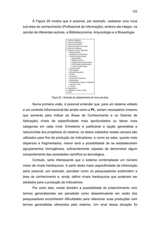 122
A Figura 20 mostra que é possível, por exemplo, cadastrar uma nova
sub-área do conhecimento (Profissional da Informação), embora ela integre, na
opinião de diferentes autores, a Biblioteconomia, Arquivologia e a Museologia.
Figura 20 – Exemplo de cadastramento de nova sub-área
Numa primeira visão, é possível entender que, para um sistema voltado
a um contexto informacional tão amplo como a PL, seriam necessários (mesmo
que somente para indicar as Áreas de Conhecimento e os Setores de
Aplicação) níveis de especificidade mais aprofundados ou talvez mais
categorias em cada nível. Entretanto é justificável a opção generalista e
reducionista dos projetistas do sistema: os dados coletados nestes campos são
utilizados para fins de produção de indicadores, e como se sabe, quanto mais
dispersos e fragmentados, menor será a possibilidade de se estabelecerem
agrupamentos homogêneos, suficientemente capazes de demonstrar algum
comportamento das sociedades científica ou tecnológica.
Contudo, seria interessante que o sistema contemplasse um número
maior de níveis hierárquicos. A partir desta maior especificidade da informação
seria possível, por exemplo, perceber como os pesquisadores subdividem a
área de conhecimento e, ainda, definir níveis hierárquicos que poderiam ser
adotados para a produção de indicadores.
Por outro lado, existe também a possibilidade do preenchimento com
termos generalizantes ser percebida como desestimulante em razão dos
pesquisadores encontrarem dificuldades para relacionar suas produções com
termos generalistas oferecidos pelo sistema. Um sinal dessa situação foi
 