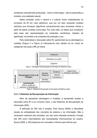 43
simbólicas culturalmente produzidas - como a informação - não se assemelha a
modelar uma realidade natural.
Nesta condição, entre o natural e o cultural, foram estabelecidos os
princípios da RI em meio eletrônico, que por um lado necessita modelos
racionais que forneçam algoritmos computacionais para processar rotinas a
partir de dados contidos numa base. Por outro lado, os dados que constituem
esta base são representações de conteúdos semânticos, dotados de
significado, de sentido e de contextos de produção e uso.
Para sistematizar a discussão sobre RI, apresentam-se as abordagens e
modelos (Figura 3 e Figura 4) indicando-se (nas células na cor cinza) as
categorias nas quais a PL se insere:
Tradicional
Orientada ao usuário
ABORDAGENS
Cognitiva
Figura 3 - Abordagens da Recuperação da Informação da Plataforma Lattes
Lógica fuzzy
Booleano
Booleano estendido
Vetorial
Modelos
Clássicos
Probabilístico
Recuperação ad hoc e de
Filtragem
Modelos
estruturados
MODELOS
NAVEGAÇÃO
(Plana, guiada por
estrutura, e hipertextual)
Figura 4 - Modelos de Recuperação da Informação da Plataforma Lattes
3.2.1.1 Sistemas de Recuperação da Informação
Além de apresentar abordagens e modelos, é apropriado ampliar a
discussão sobre RI a um universo maior, o dos Sistemas de Recuperação da
Informação (SRI).
A definição de SRI não é simples. Para Souza (2006) a dificuldade
resulta da ambigüidade dos conceitos de sistema e de informação. Não é
necessário rediscutir tais conceitos, por isso será enfocada somente a função
dos SRI como intermediários das necessidades informacionais do usuário.
Souza (2006, p.162) baseia-se em Lancaster e Warner para afirmar que
 
