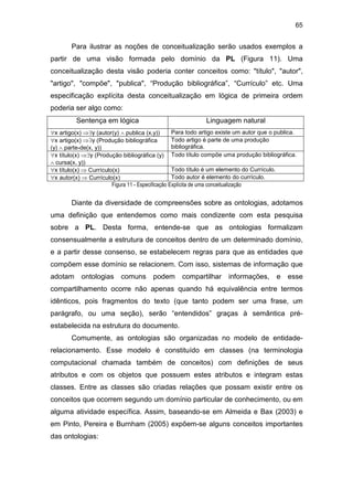 65
Para ilustrar as noções de conceitualização serão usados exemplos a
partir de uma visão formada pelo domínio da PL (Figura 11). Uma
conceitualização desta visão poderia conter conceitos como: "título", "autor",
"artigo", "compõe", "publica", “Produção bibliográfica”, “Currículo” etc. Uma
especificação explícita desta conceitualização em lógica de primeira ordem
poderia ser algo como:
Sentença em lógica Linguagem natural
∀x artigo(x) ⇒∃y (autor(y) ∧ publica (x,y)) Para todo artigo existe um autor que o publica.
∀x artigo(x) ⇒∃y (Produção bibliográfica
(y) ∧ parte-de(x, y))
Todo artigo é parte de uma produção
bibliográfica.
∀x título(x) ⇒∃y (Produção bibliográfica (y)
∧ cursa(x, y))
Todo título compõe uma produção bibliográfica.
∀x título(x) ⇒ Currículo(x) Todo título é um elemento do Currículo.
∀x autor(x) ⇒ Currículo(x) Todo autor é elemento do currículo.
Figura 11 - Especificação Explícita de uma conceitualização
Diante da diversidade de compreensões sobre as ontologias, adotamos
uma definição que entendemos como mais condizente com esta pesquisa
sobre a PL. Desta forma, entende-se que as ontologias formalizam
consensualmente a estrutura de conceitos dentro de um determinado domínio,
e a partir desse consenso, se estabelecem regras para que as entidades que
compõem esse domínio se relacionem. Com isso, sistemas de informação que
adotam ontologias comuns podem compartilhar informações, e esse
compartilhamento ocorre não apenas quando há equivalência entre termos
idênticos, pois fragmentos do texto (que tanto podem ser uma frase, um
parágrafo, ou uma seção), serão “entendidos” graças à semântica pré-
estabelecida na estrutura do documento.
Comumente, as ontologias são organizadas no modelo de entidade-
relacionamento. Esse modelo é constituído em classes (na terminologia
computacional chamada também de conceitos) com definições de seus
atributos e com os objetos que possuem estes atributos e integram estas
classes. Entre as classes são criadas relações que possam existir entre os
conceitos que ocorrem segundo um domínio particular de conhecimento, ou em
alguma atividade específica. Assim, baseando-se em Almeida e Bax (2003) e
em Pinto, Pereira e Burnham (2005) expõem-se alguns conceitos importantes
das ontologias:
 