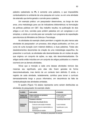 80
palestra cadastrada na PL é somente uma palestra, o que impossibilita
contextualizá-la no ambiente de uma pesquisa em curso, ou em uma atividade
de extensão que tenha gerado o convite para a palestra.
Um exemplo prático: um pesquisador desenvolveu, ao longo de dois
anos, uma metodologia para uso de indicadores bibliométricos na formulação
de políticas públicas em C&T. Seu trabalho resultou na publicação de dois
artigos e um livro, convites para proferir palestras em um congresso e um
simpósio, e ainda um convite para ser consultor num programa de capacitação
para técnicos do Ministério da Ciência e Tecnologia.
As atividades do exemplo citado permitem o registro de pelo menos sete
atividades do pesquisador: um processo, dois artigos publicados, um livro, um
curso de curta duração (com material didático), e duas palestras. Todas são
desdobramentos decorrentes da criação de uma metodologia específica. Ao
preencher o currículo, as atividades são desmembradas de um núcleo de ação
que originou um conjunto de ações, ou seja, são descontextualizadas. Os
artigos serão então incluídos em um conjunto de artigos publicados e o mesmo
ocorrerá com as demais atividades.
Vê-se que a menção a cada uma dessas atividades remove das
mesmas seu significado, pois elas não foram geradas de forma
descontextualizada, mas dentro de um contexto bem definido. E ainda, o
registro de cada atividade, isoladamente, contribui para tornar o currículo
demasiadamente longo e pouco informativo, em decorrência da falta de
contextualização das atividades arroladas.
O quadro (Figura 13) abaixo representa como seriam distribuídas as
atividades do pesquisador do exemplo citado:
CLASSES SUBCLASSES ATIVIDADES
TRABALHOS
EM EVENTOS
Artigos publicados em periódicos
Livros e capítulos
2 artigos publicados
1 livro publicado
Processos ou técnicas 1 metodologia desenvolvida
Demais tipos de produção técnica
Cursos de curta duração ministrados 1 curso ministrado
Desenvolvimento de material didático ou
instrucional
1 apostila para o curso
PRODUÇÃO
TÉCNICA
Apresentações de trabalho 2 palestras
Figura 13 – Atividades do pesquisador do exemplo
 
