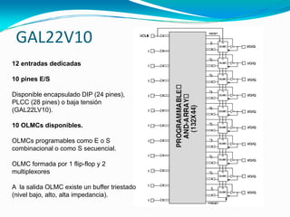 GAL22V10
12 entradas dedicadas

10 pines E/S

Disponible encapsulado DIP (24 pines),
PLCC (28 pines) o baja tensión
(GAL22LV10).

10 OLMCs disponibles.

OLMCs programables como E o S
combinacional o como S secuencial.

OLMC formada por 1 flip-flop y 2
multiplexores

A la salida OLMC existe un buffer triestado
(nivel bajo, alto, alta impedancia).
 