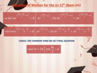      1 1 2
2 2 22 2
2
k n a k n a k n aknai t i t i ti t
A me K Ae Ae Ae
  
  
                
       
 
    
 
 
2
2 2 2 2 22 2 2
2
kna kna kna knaka ka kai t i t i t i ti i i
mAe e K Ae Ae e Ae e
   
 
       
            
       
 
    
 
 
2
2 cos
2
ka
m K 
 
   
 
CANCEL THE COMMON TERM WE GET FINAL EQUATION
Equation of Motion for the (n-1)th Atom (m)
 