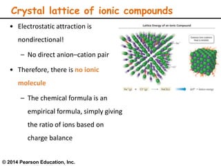 • Electrostatic attraction is
nondirectional!
– No direct anion–cation pair
• Therefore, there is no ionic
molecule
– The chemical formula is an
empirical formula, simply giving
the ratio of ions based on
charge balance
Crystal lattice of ionic compounds
© 2014 Pearson Education, Inc.
 