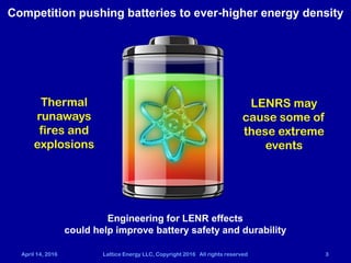 April 14, 2016 Lattice Energy LLC, Copyright 2016 All rights reserved 3
Competition pushing batteries to ever-higher energ...