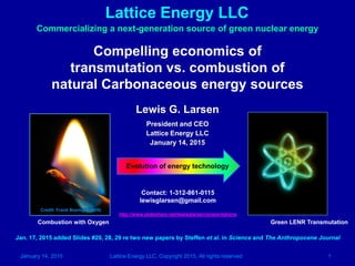 January 14, 2015 Lattice Energy LLC, Copyright 2015, All rights reserved 1
Lattice Energy LLC
Compelling economics of
transmutation vs. combustion of
natural Carbonaceous energy sources
Commercializing a next-generation source of green nuclear energy
Contact: 1-312-861-0115
lewisglarsen@gmail.com
http://www.slideshare.net/lewisglarsen/presentations
Lewis G. Larsen
President and CEO
Lattice Energy LLC
January 14, 2015
Credit: Frank Boenigk (2009)
Combustion with Oxygen
Feb. 6, 2015 added Slide #28: paper just published in Nature re Pliocene warming supports IPCC report’s conclusions
Green LENR Transmutation
$ value of Carbonaceous fuels
Evolution of energy technology
$ value of Carbonaceous fuels
1x $ >500x $
Increase effective economic value by >500x
 