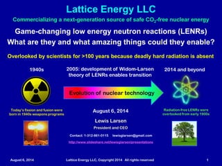 Lattice Energy LLC
August 6, 2014 Lattice Energy LLC, Copyright 2014 All rights reserved 1
Game-changing low energy neutron reactions (LENRs)
What are they and what amazing things could they enable?
Overlooked by scientists for >100 years because deadly hard radiation is absent
Contact: 1-312-861-0115 lewisglarsen@gmail.com
http://www.slideshare.net/lewisglarsen/presentations
Lewis Larsen
President and CEO
Today’s fission and fusion were
born in 1940s weapons programs
Radiation-free LENRs were
overlooked from early 1900s
Evolution of nuclear technology
1940s 2014 and beyond2005: development of Widom-Larsen
theory of LENRs enables transition
August 6, 2014
Commercializing a next-generation source of safe CO2-free nuclear energy
 