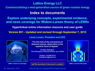 Lattice Energy LLC
v21: September 7, 2015 Lattice Energy LLC, Copyright 2015, All rights reserved 1
Commercializing a next-generation source of green nuclear energy
Index to documents
Explore underlying concepts, experimental evidence,
and news coverage for Widom-Larsen theory of LENRs
Hyperlinked online information resource and user guide
Lewis Larsen, President and CEO
Version #21 - Updated and revised through September 7, 2015
Contact: 1-312-861-0115
lewisglarsen@gmail.com
http://www.slideshare.net/lewisglarsen/presentations
LENRs in electric arc discharges LENRs in resonant E-M cavities
“For the truth of the conclusions of
physical science, observation is the
supreme Court of Appeal.”
Sir Arthur Eddington
“The Philosophy of Physical Science” pp. 9 (1939)
pdf file download of document is enabled
 