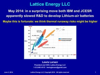 Lattice Energy LLC
June 3. 2014 Lattice Energy LLC, Copyright 2014 All rights reserved 1
May 2014: in a surprising move both IBM and JCESR
apparently slowed R&D to develop Lithium-air batteries
Maybe this is fortunate: we think thermal runaway risks might be higher
Lewis Larsen
President and CEO, Lattice Energy LLC
1-312-861-0115 lewisglarsen@gmail.com
 