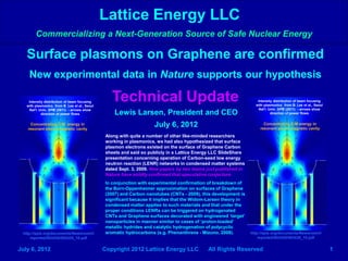 Lattice Energy LLC
        Commercializing a Next-Generation Source of Safe Nuclear Energy

   Surface plasmons on Graphene are confirmed
    New experimental data in Nature supports our hypothesis

    Intensity distribution of beam focusing
   with plasmonics from B. Lee et al., Seoul
                                                  Technical Update                                                  Intensity distribution of beam focusing
                                                                                                                   with plasmonics from B. Lee et al., Seoul
    Nat'l. Univ. SPIE (2011) - arrows show                                                                          Nat'l. Univ. SPIE (2011) - arrows show
            direction of power flows                Lewis Larsen, President and CEO                                         direction of power flows


     Concentrating E-M energy in
   resonant electromagnetic cavity
                                                                     July 6, 2012                                       Concentrating E-M energy in
                                                                                                                      resonant electromagnetic cavity
                                                Along with quite a number of other like-minded researchers
                                                working in plasmonics, we had also hypothesized that surface
                                                plasmon electrons existed on the surface of Graphene Carbon
                                                sheets and said so publicly in a Lattice Energy LLC SlideShare
                                                presentation concerning operation of Carbon-seed low energy
                                                neutron reaction (LENR) networks in condensed matter systems
                                                dated Sept. 3, 2009. New papers by two teams just published in
                                                Nature have solidly confirmed that speculative conjecture.
                                                In conjunction with experimental confirmation of breakdown of
                                                the Born-Oppenheimer approximation on surfaces of Graphene
                                                (2007) and Carbon nanotubes (CNTs - 2009), this development is
                                                significant because it implies that the Widom-Larsen theory in
                                                condensed matter applies to such materials and that under the
                                                proper conditions LENRs can be triggered on hydrogenated
                                                CNTs and Graphene surfaces decorated with engineered ‘target’
                                                nanoparticles in manner similar to cases of ‘proton-loaded’
                                                metallic hydrides and catalytic hydrogenation of polycyclic
 http://spie.org/documents/Newsroom/I           aromatic hydrocarbons (e.g. Phenanthrene - Mizuno, 2008).        http://spie.org/documents/Newsroom/I
     mported/003435/003435_10.pdf                                                                                    mported/003435/003435_10.pdf


July 6, 2012                                   Copyright 2012 Lattice Energy LLC             All Rights Reserved                                               1
 