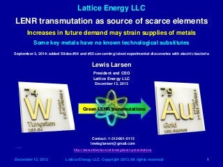 Lattice Energy LLC 
December 13, 2013 Lattice Energy LLC, Copyright 2013, All rights reserved 1 
LENR transmutation as source of scarce elements 
Increases in future demand may strain supplies of metals 
Some key metals have no known technological substitutes 
© fzt.id/2010 Shutterstock.com 
Contact: 1-312-861-0115 
lewisglarsen@gmail.com 
http://www.slideshare.net/lewisglarsen/presentations Green LENR transmutations 
September 3, 2014: added Slides #64 and #65 concerning latest experimental discoveries with electric bacteria 
Lewis Larsen 
President and CEO 
Lattice Energy LLC 
December 13, 2013  