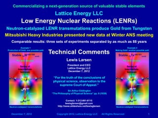Commercializing a next-generation source of valuable stable elements 
December 7, 2012 Lattice Energy LLC, Copyright 2012, All rights reserved 1 
Low Energy Nuclear Reactions (LENRs) 
Neutron-catalyzed LENR transmutations produce Gold from Tungsten 
Mitsubishi Heavy Industries presented new data at Winter ANS meeting 
Comparable results: three sets of experiments separated by as much as 88 years 
Technical Comments 
Lewis Larsen 
President and CEO 
Lattice Energy LLC 
December 7, 2012 
Stable 74W180-186seeds 
Series of Intermediate Isotopes 
78Pt197 
79Au197 
+n and decays 
β- decay 
Example 1 
Production of Gold: one possible path 
Neutron-catalyzed transmutations 
Stable 73Ta180-181seeds 
79Au197 
+n 
Neutron-catalyzed transmutations 
Example 2 
Making Gold: another possible path 
+n and decays 
78Pt196 
Series of Intermediate Isotopes 
77Ir197 
78Pt197 
β- decay 
β- decay 
“For the truth of the conclusions of physical science, observation is the supreme Court of Appeal.” 
Sir Arthur Eddington 
“The Philosophy of Physical Science” pp. 9 (1939) 
Contact: 1-312-861-0115 
lewisglarsen@gmail.com 
http://www.slideshare.net/lewisglarsen 
Lattice Energy LLC  