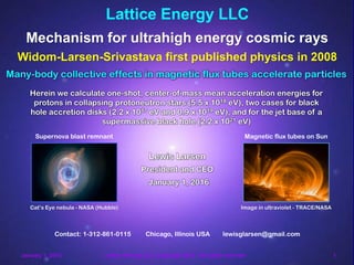 January 1, 2016 Lattice Energy LLC, Copyright 2016 All rights reserved 1
Lattice Energy LLC
Mechanism for ultrahigh energy cosmic rays
Widom-Larsen-Srivastava first published physics in 2008
Contact: 1-312-861-0115 Chicago, Illinois USA lewisglarsen@gmail.com
Lewis Larsen
President and CEO
January 1, 2016
Cat’s Eye nebula - NASA (Hubble) Image in ultraviolet - TRACE/NASA
p
n
Many-body collective effects in magnetic flux tubes accelerate particles
Supernova blast remnant Magnetic flux tubes on Sun
Herein we calculate one-shot, mean center-of-mass acceleration energies for
protons in collapsing protoneutron stars (5.5 x 1018 eV), two cases for black
hole accretion disks (2.2 x 1017 eV and 0.9 x 1019 eV), and for the jet base of a
supermassive black hole (2.2 x 1021 eV)
January 1, 2016 Lattice Energy LLC, Copyright 2016 All rights reserved 1
 