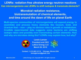 March 26,42019 Lattice Energy LLC, Copyright 2019 All rights reserved 1
LENRs: radiation-free ultralow energy neutron reactions
Can microorganisms use LENRs to shift isotopes & transmute elements?
Contact: 1-312-861-0115 Chicago, Illinois USA
lewisglarsen@gmail.com
Lewis Larsen
President and CEO
Lattice Energy LLC
March 26, 2019
March 26, 2019 Lattice Energy LLC, Copyright 2019 All rights reserved 1
Microbial radiation resistance,
biotransmutation of chemical elements,
and time around the dawn of life on planet Earth
Multi-species communities of microorganisms will expend energy to
assimilate and process heavy elements like Cesium, Gold, and
Uranium that -- now -- play no obvious roles in growth or metabolism.
Credible experimental data suggests some bacteria are shifting
isotope ratios and possibly even transmuting certain elements. How
and why are microbes doing this? LENRs may explain how, but why?
 