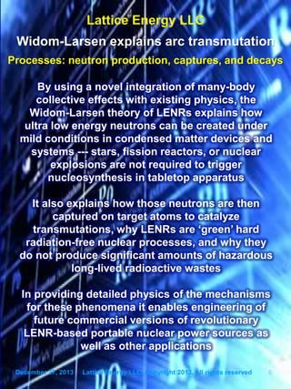 December 27, 2013 Lattice Energy LLC, Copyright 2013, All rights reserved 6
Widom-Larsen explains arc transmutation
Processes: neutron production, captures, and decays
December 27, 2013 Lattice Energy LLC, Copyright 2013, All rights reserved 6
By using a novel integration of many-body
collective effects with existing physics, the
Widom-Larsen theory of LENRs explains how
ultra low energy neutrons can be created under
mild conditions in condensed matter devices and
systems --- stars, fission reactors, or nuclear
explosions are not required to trigger
nucleosynthesis in tabletop apparatus
It also explains how those neutrons are then
captured on target atoms to catalyze
transmutations, why LENRs are ‘green’ hard
radiation-free nuclear processes, and why they
do not produce significant amounts of hazardous
long-lived radioactive wastes
In providing detailed physics of the mechanisms
for these phenomena it enables engineering of
future commercial versions of revolutionary
LENR-based portable nuclear power sources as
well as other applications
 