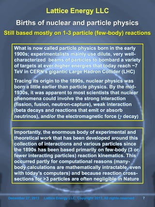 December 27, 2013 Lattice Energy LLC, Copyright 2013, All rights reserved 7
What is now called particle physics born in the early
1900s; experimentalists mainly use dilute, very well-
characterized beams of particles to bombard a variety
of targets at ever-higher energies that today reach ~7
TeV in CERN’s gigantic Large Hadron Collider (LHC)
Tracing its origin to the 1890s, nuclear physics was
born a little earlier than particle physics. By the mid-
1930s, it was apparent to most scientists that nuclear
phenomena could involve the strong interaction
(fission, fusion, neutron-capture), weak interaction
(beta decays and reactions that emit or absorb
neutrinos), and/or the electromagnetic force (γ decay)
December 27, 2013 Lattice Energy LLC, Copyright 2013, All rights reserved 7
Births of nuclear and particle physics
Still based mostly on 1-3 particle (few-body) reactions
Importantly, the enormous body of experimental and
theoretical work that has been developed around this
collection of interactions and various particles since
the 1890s has been based primarily on few-body (3 or
fewer interacting particles) reaction kinematics. This
occurred partly for computational reasons (many-
body calculations are mathematically intractable, even
with today’s computers) and because reaction cross-
sections for >3 particles are often negligible in Nature
 