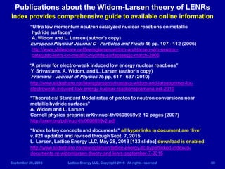 September 28, 2016 Lattice Energy LLC, Copyright 2016 All rights reserved 88
Publications about the Widom-Larsen theory of...