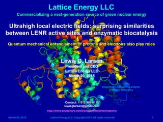 March 20, 2015 Lattice Energy LLC, Copyright 2015, All rights reserved 1
Lattice Energy LLC
Commercializing a next-generation source of green nuclear energy
Ultrahigh local electric fields: surprising similarities
between LENR active sites and enzymatic biocatalysis
Contact: 1-312-861-0115
lewisglarsen@gmail.com
http://www.slideshare.net/lewisglarsen/presentations
Lewis G. Larsen
President and CEO
Lattice Energy LLC
March 20, 2015
Angiotensin-converting enzyme
2 (ACE2): Wikipedia
Quantum mechanical entanglement of protons and electrons also play roles
 