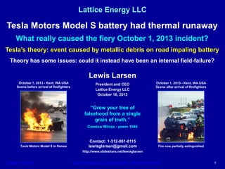 Lattice Energy LLC

Tesla Motors Model S battery had thermal runaway
What really caused the fiery October 1, 2013 incident?
Tesla’s theory: event caused by metallic debris on road impaling battery
Theory has some issues: could it instead have been an internal field-failure?

Lewis Larsen
October 1, 2013 - Kent, WA USA
Scene before arrival of firefighters

President and CEO
Lattice Energy LLC
October 16, 2013

October 1, 2013 - Kent, WA USA
Scene after arrival of firefighters

“Grow your tree of
falsehood from a single
grain of truth.”
Czeslaw Milosz - poem 1946

Tesla Motors Model S in flames

Contact: 1-312-861-0115
lewisglarsen@gmail.com

Fire now partially extinguished

http://www.slideshare.net/lewisglarsen

October 16. 2013

Lattice Energy LLC, Copyright 2013 All rights reserved

1

 