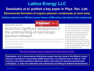 July 23, 2015 Lattice Energy LLC, Copyright 2015 All Rights Reserved 1
Lattice Energy LLC
Daskalakis et al. publish a key paper in Phys. Rev. Lett.
Demonstrate formation of organic plasmon condensate at room temp
Daskalakis et al.’s observations effectively support two key ideas in the Widom-Larsen
theory’s concept of a many-body LENR active site: (1) maximum size of sites is ~100
microns; (2) surface plasmon electrons within such sites are quantum mechanically
entangled, i.e. they are coherently and collectively oscillating at ambient temperatures
http://www.eurekalert.org/pub_releases/2015-07/pm-wfs071415.php
Surface plasmons in Widom-Larsen theory LENR-active site behave like condensate
 