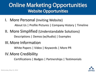 Online Marketing OpportunitiesWebsite OpportunitiesMore Personal (Inviting Website)	About Us | Profile Pictures | Company History | TimelineMore Simplified (Understandable Solutions)	Descriptions | Demos (w/Audio) | ExamplesMore Information	White Papers | Video | Keywords | More PRMore Credibility	Certifications | Badges | Partnerships | TestimonialsWednesday, May 19, 2010