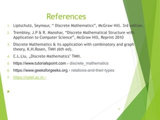 References
1. Liptschutz, Seymour, “ Discrete Mathematics”, McGraw Hill. 3rd edition.
2. Trembley, J.P & R. Manohar, “Discrete Mathematical Structure with
Application to Computer Science”, McGraw Hill, Reprint 2010
3. Discrete Mathematics & its application with combinatory and graph
theory, K.H.Rosen, TMH (6th ed).
4. C.L.Liu, „Discrete Mathematics‟ TMH.
5. https://www.tutorialspoint.com › discrete_mathematics
6. https://www.geeksforgeeks.org › relations-and-their-types
7. https://nptel.ac.in ›

43
 