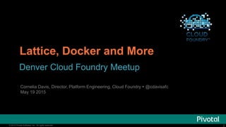 2© 2015 Pivotal Software, Inc. All rights reserved. 2© 2015 Pivotal Software, Inc. All rights reserved.
Lattice, Docker and More
Denver Cloud Foundry Meetup
Cornelia Davis, Director, Platform Engineering, Cloud Foundry  @cdavisafc
May 19 2015
 