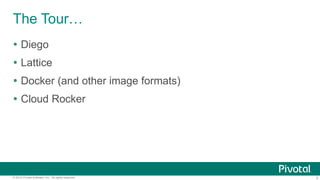 3© 2015 Pivotal Software, Inc. All rights reserved.
The Tour…
 Diego
 Lattice
 Docker (and other image formats)
 Cloud Rocker
 