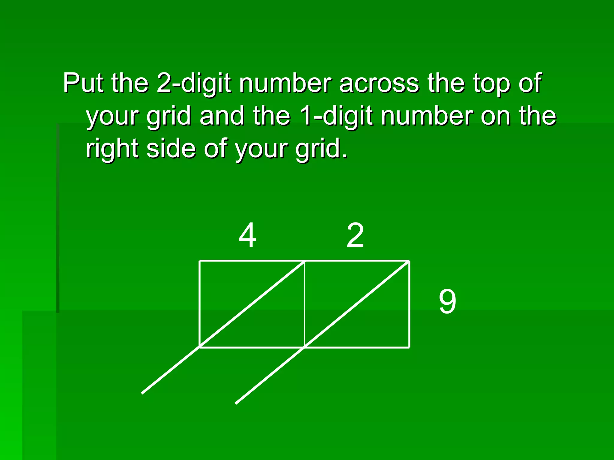 Put the 2-digit number across the top of your grid and the 1-digit number on the right side of your grid. 4 2 9 