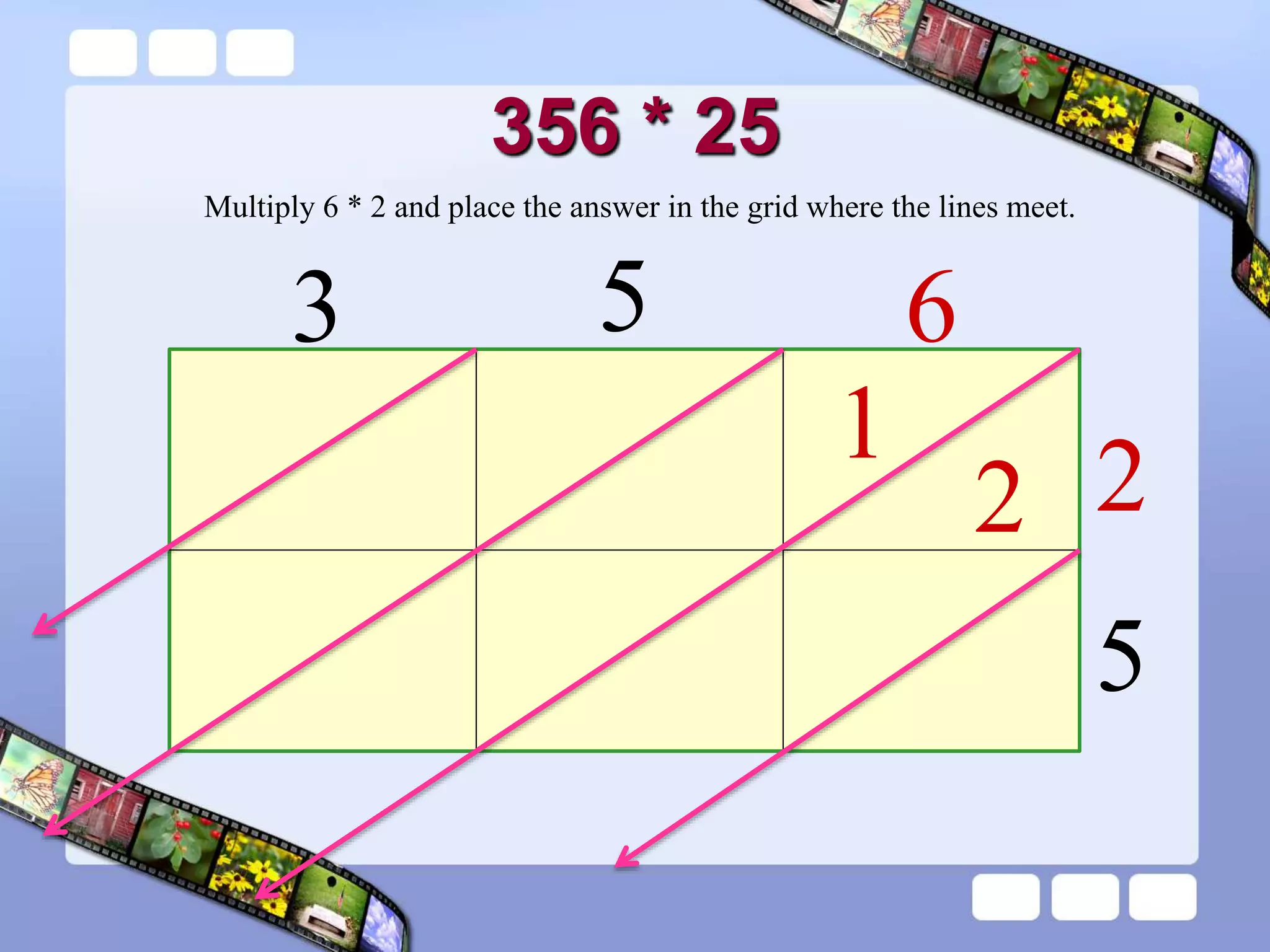 356 * 25
3 5 6
2
5
1
2
Multiply 6 * 2 and place the answer in the grid where the lines meet.
 