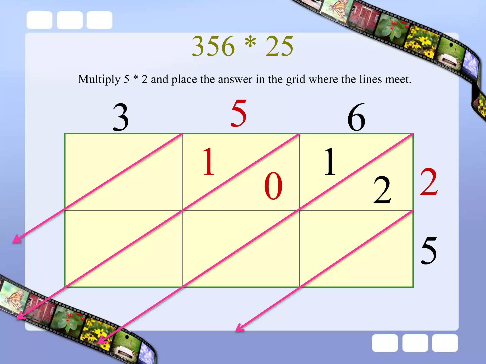 356 * 25
3 5 6
2
5
1
2
0
1
Multiply 5 * 2 and place the answer in the grid where the lines meet.
 