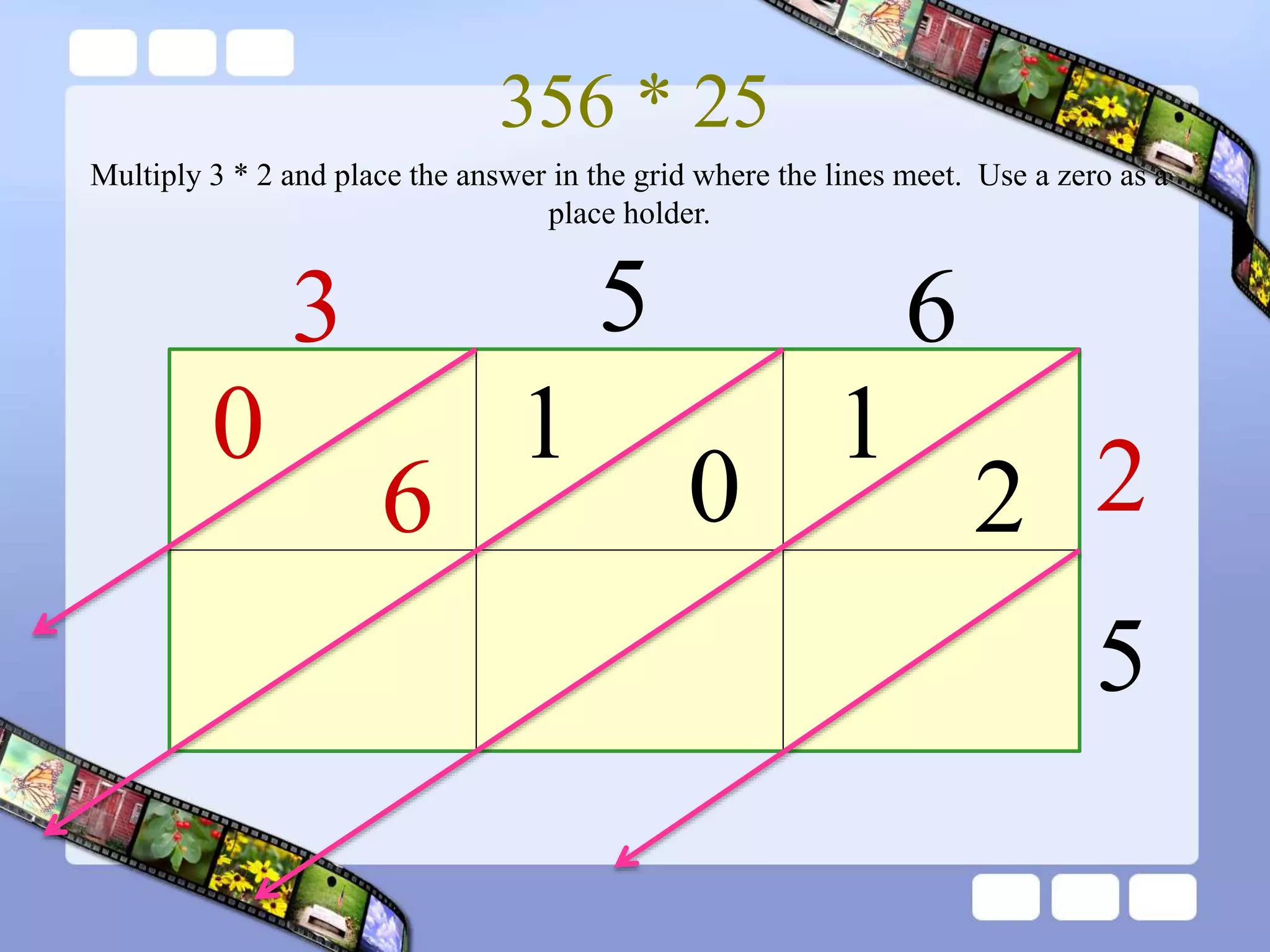 356 * 25
3 5 6
2
5
1
2
0
1
6
0
Multiply 3 * 2 and place the answer in the grid where the lines meet. Use a zero as a
place holder.
 