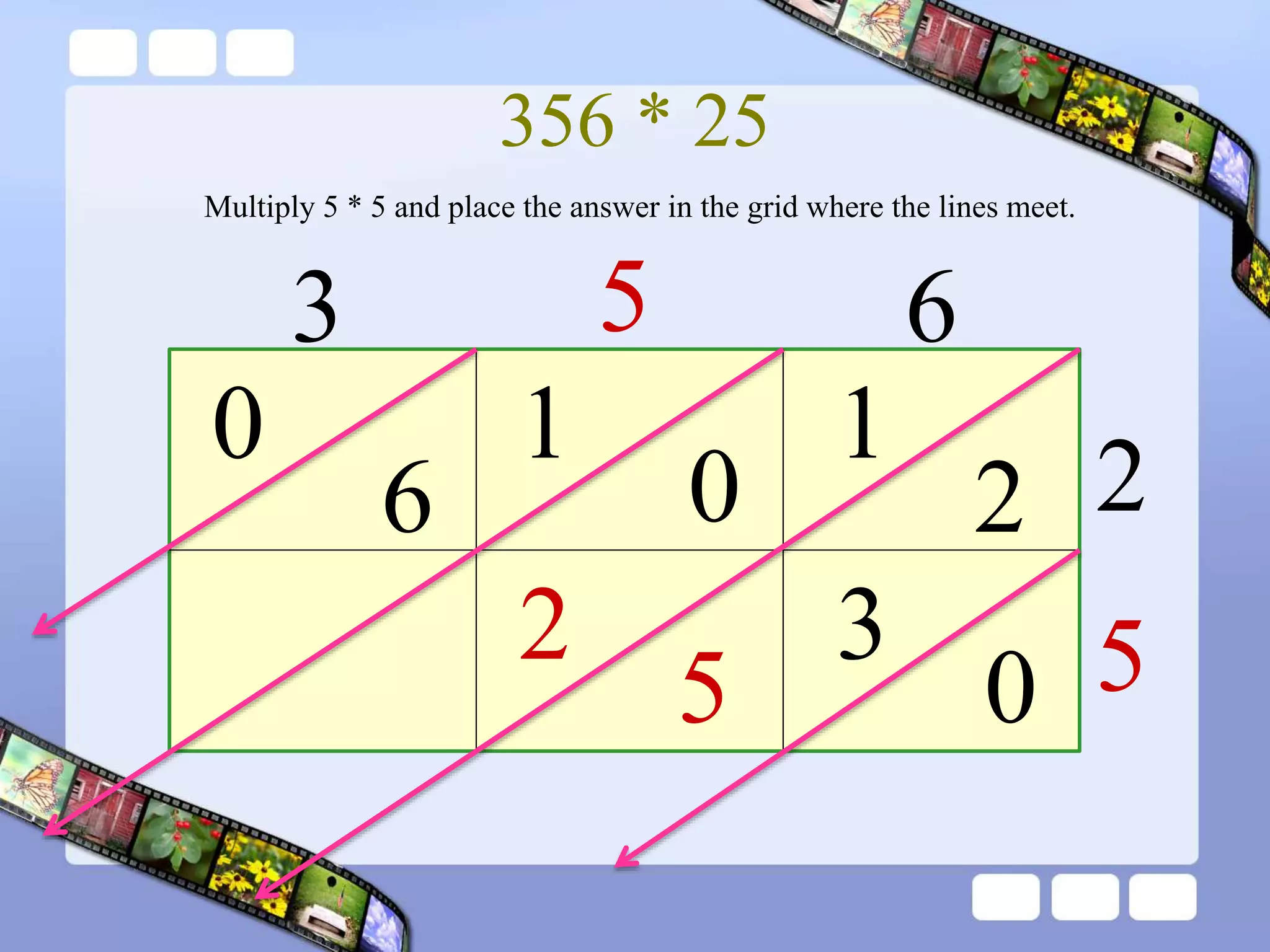 356 * 25
3 5 6
2
5
1
2
0
1
6
0
0
3
Multiply 5 * 5 and place the answer in the grid where the lines meet.
5
2
 