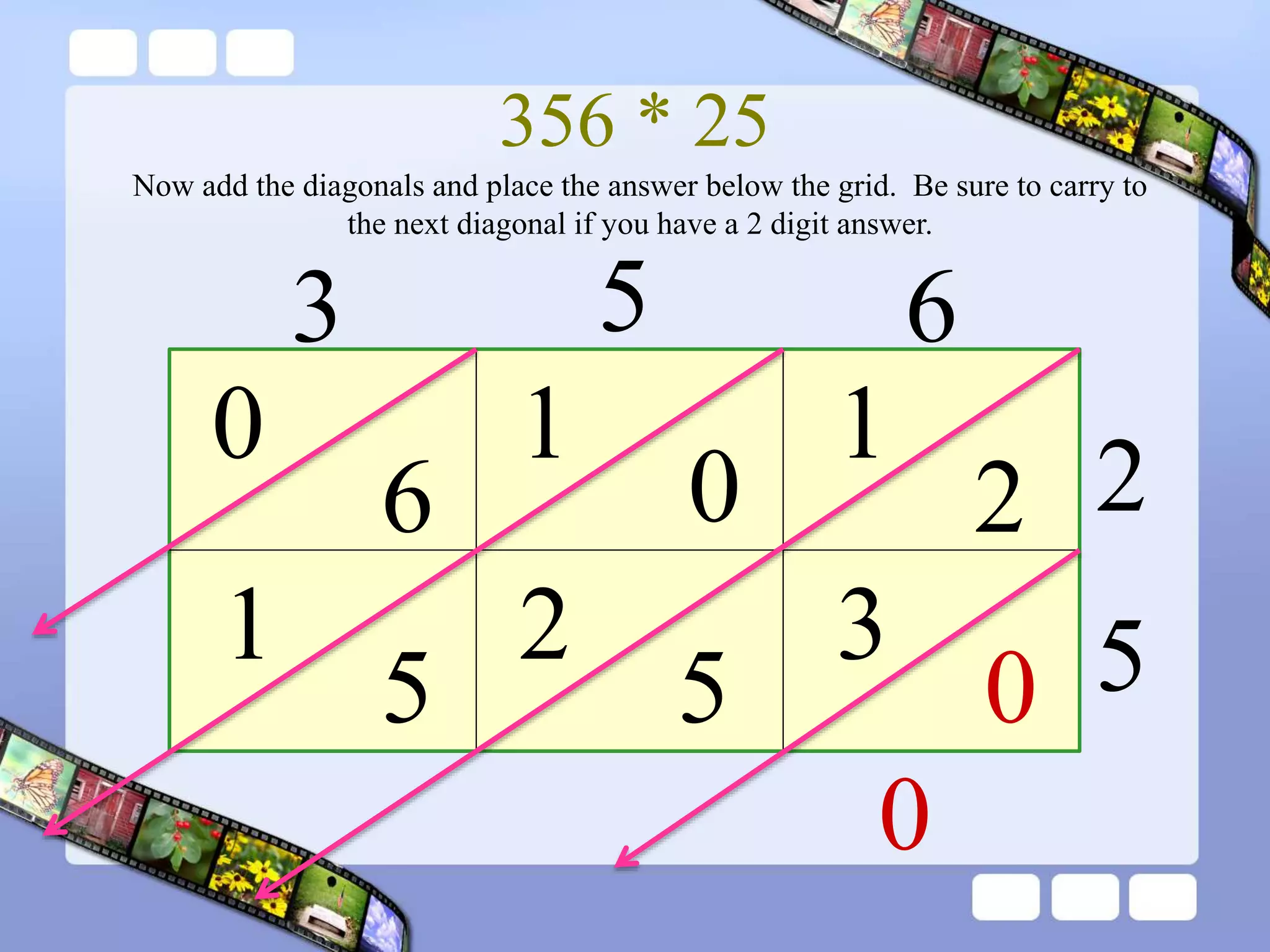 356 * 25
3 5 6
2
5
1
2
0
1
6
0
0
3
Now add the diagonals and place the answer below the grid. Be sure to carry to
the next diagonal if you have a 2 digit answer.
5
2
5
1
0
 