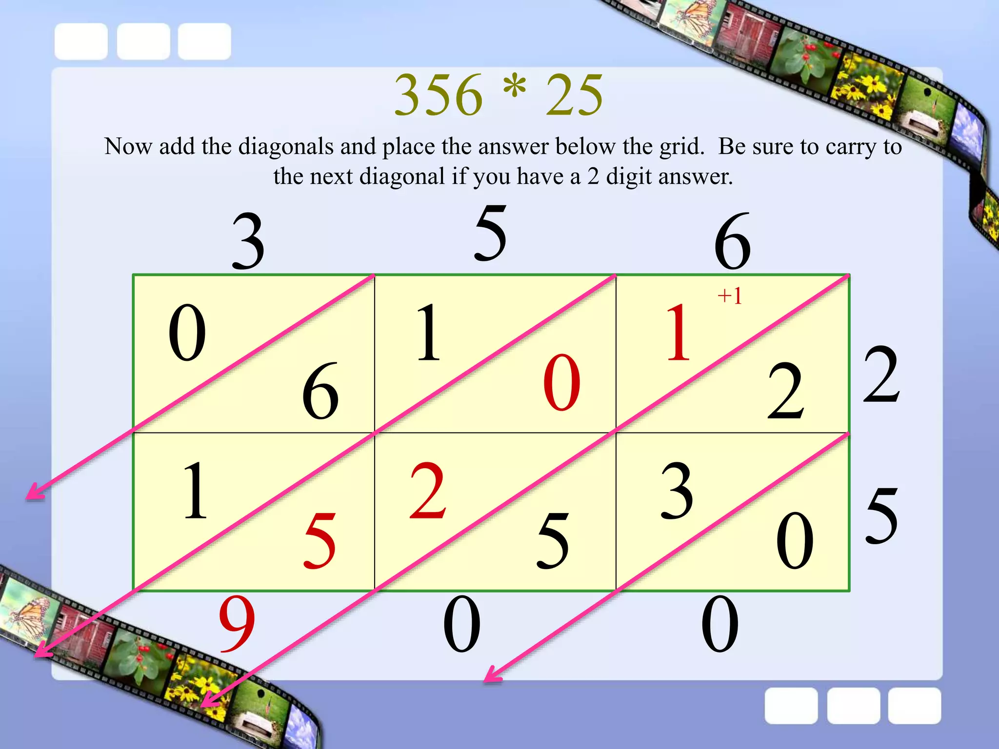 356 * 25
3 5 6
2
5
1
2
0
1
6
0
0
3
Now add the diagonals and place the answer below the grid. Be sure to carry to
the next diagonal if you have a 2 digit answer.
5
2
5
1
0
0
+1
9
 