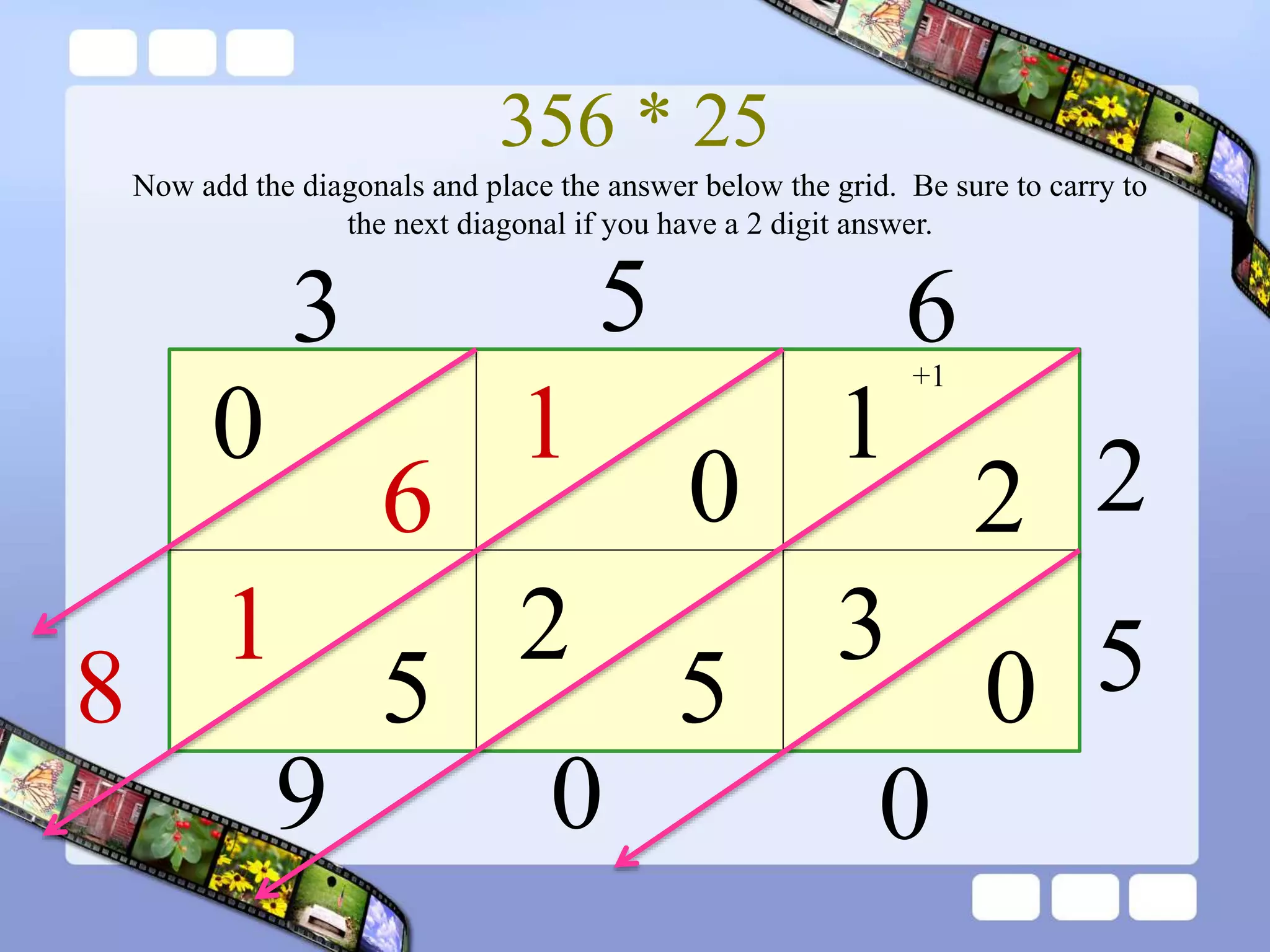 356 * 25
3 5 6
2
5
1
2
0
1
6
0
0
3
Now add the diagonals and place the answer below the grid. Be sure to carry to
the next diagonal if you have a 2 digit answer.
5
2
5
1
0
0
+1
9
8
 