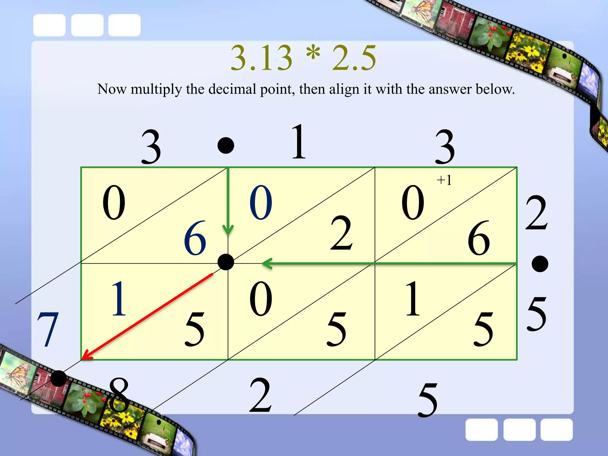 3.13 * 2.5
3 1 3
2
5
0
6
2
0
6
0
5
1
Now multiply the decimal point, then align it with the answer below.
5
0
5
1
5
2
+1
8
7
•
•
•
•
 