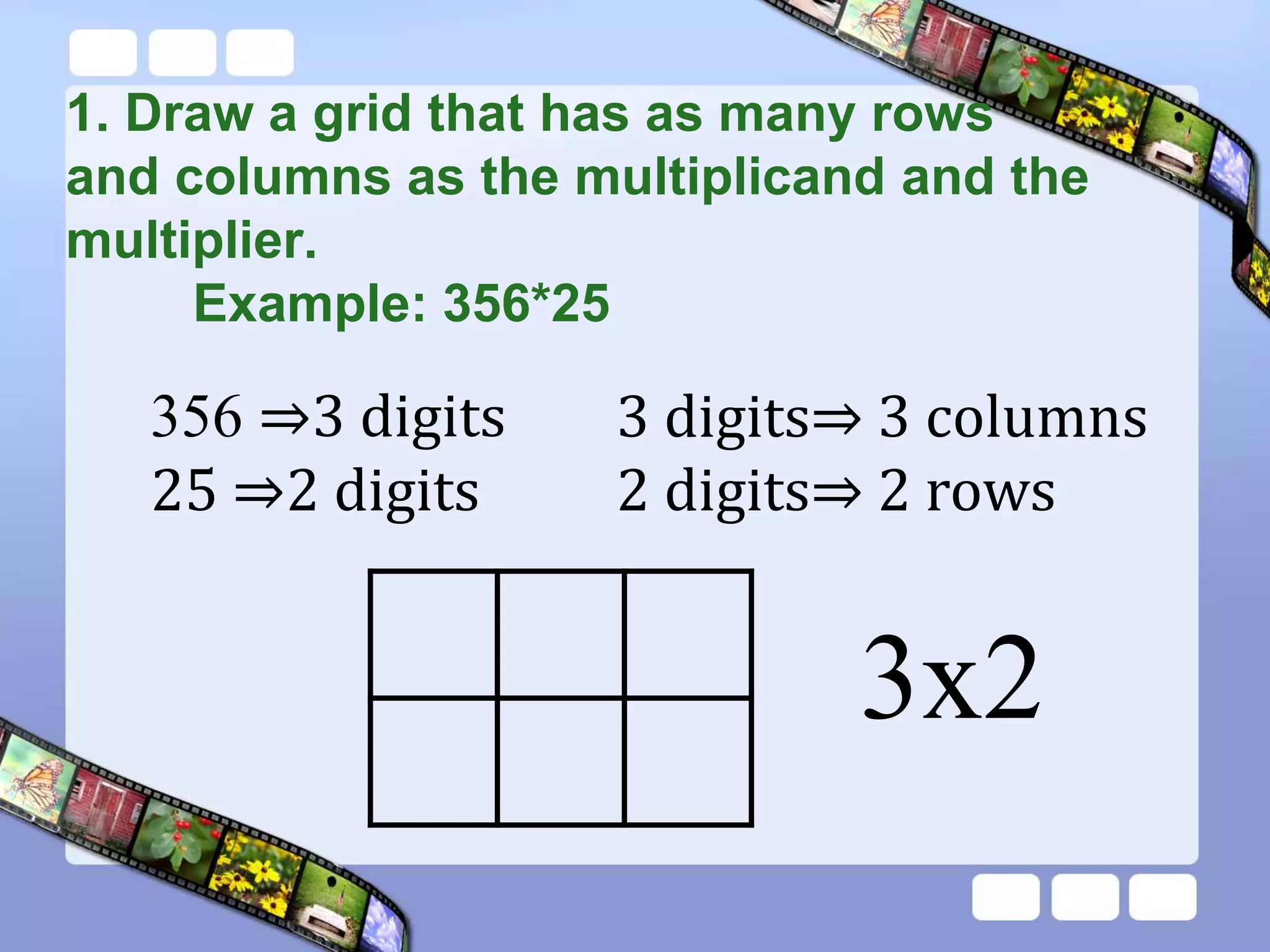 1. Draw a grid that has as many rows
and columns as the multiplicand and the
multiplier.
Example: 356*25
356 ⇒3 digits
25 ⇒2 digits
3x2
3 digits⇒ 3 columns
2 digits⇒ 2 rows
 