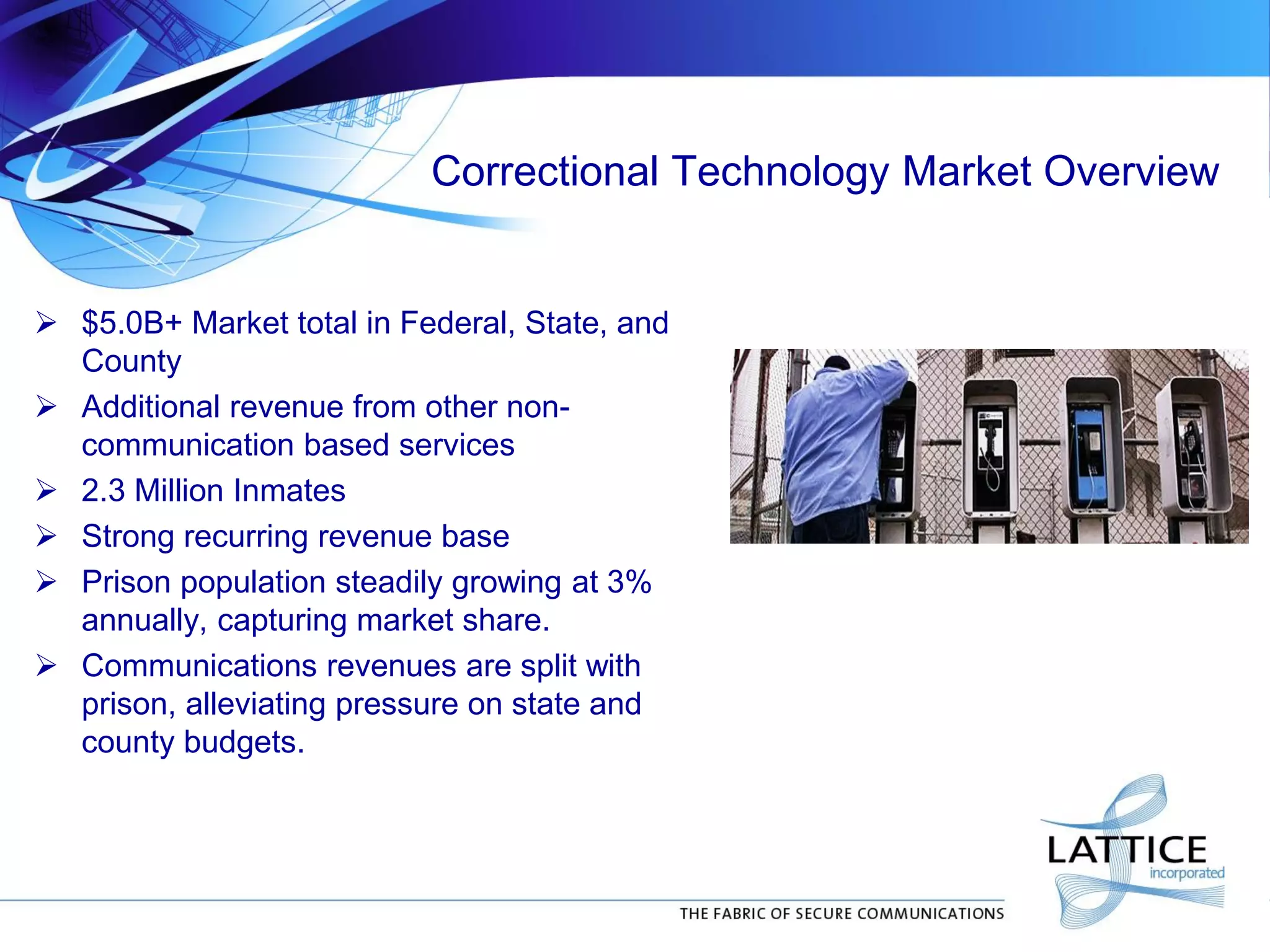 Correctional Technology Market Overview
 $5.0B+ Market total in Federal, State, and
County
 Additional revenue from other non-
communication based services
 2.3 Million Inmates
 Strong recurring revenue base
 Prison population steadily growing at 3%
annually, capturing market share.
 Communications revenues are split with
prison, alleviating pressure on state and
county budgets.
 