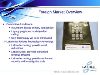 Foreign Market Overview
 Competitive Landscape
 Incumbent Telcos primary competition
 Legacy payphone model (collect
calling)
 New technology yet to be introduced
 Lattice has Unique Technology Advantage
 Lattice technology provides cost
reductions
 Lattice Model provides enhanced
revenue streams
 Lattice technology provides enhanced
security and investigative tools
 