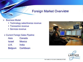 Foreign Market Overview
 Business Model
 Technology sales/license revenue
 Transaction revenue
 Services revenue
 Current Foreign Sales Pipeline
Asia Canada
Israel Mexico
U.K. India
Belgium Caribbean
 