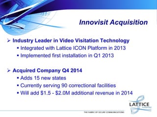 Innovisit Acquisition
 Industry Leader in Video Visitation Technology
 Integrated with Lattice ICON Platform in 2013
 Implemented first installation in Q1 2013
 Acquired Company Q4 2014
 Adds 15 new states
 Currently serving 90 correctional facilities
 Will add $1.5 - $2.0M additional revenue in 2014
 