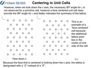 Chem 59-553
This is an
example of a
“face centered”
cell because
the additional
lattice point
lies in the
center of one
si...