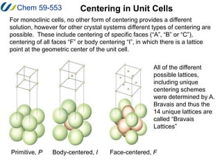 Chem 59-553 Centering in Unit Cells
For monoclinic cells, no other form of centering provides a different
solution, howeve...