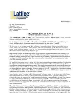 NEWS RELEASE

For more information contact:
Michael G. Potter
Chief Financial Officer
Lattice Semiconductor Corporation
(503) 268-8000

                                   LATTICE SEMICONDUCTOR REPORTS
                                   FIRST QUARTER FINANCIAL RESULTS

HILLSBORO, OR – APRIL 23, 2009 - Lattice Semiconductor Corporation (NASDAQ: LSCC) today announced
financial results for the first quarter ended April 4, 2009.

For the first quarter, revenue was $43.3 million, a decrease of 13% from the $50.0 million reported in the prior
quarter, and a decrease of 23% from the $56.6 million reported in the same quarter a year ago.

FPGA revenue for the first quarter was $15.5 million, up 9 percent from the $14.3 million reported in the prior
quarter, and up 14% from the $13.7 million reported in the same quarter a year ago. PLD revenue for the first
quarter was $27.8 million, down 22% from the $35.7 million reported in the prior quarter, and down 35% from the
$42.9 million reported in the same quarter a year ago.

Other (expense) income, net, for the first quarter was an expense of $0.5 million compared to an expense of $7.6
million reported in the prior quarter and income of $1.3 million reported in the same quarter a year ago. Other
expense included an impairment charge of $0.7 million in the first quarter of 2009 compared to $8.0 million in the
fourth quarter of 2008, related to an other-than-temporary decline in fair value of auction rate securities held in
Long-term marketable securities.

Net loss for the first quarter was $5.8 million ($0.05 per share), compared to a prior quarter net loss of $14.4 million
($0.12 per share) and a net loss of $3.3 million ($0.03 per share) reported in the same quarter a year ago. These
results include intangible asset amortization charges, stock-based compensation expense, restructuring charges and,
for the first quarter of fiscal 2009 and fourth quarter of fiscal 2008, an impairment charge on marketable securities.
Excluding these items, non-GAAP net loss for the first quarter of 2009 was $3.6 million ($0.03 per share) compared
to non-GAAP net loss of $3.7 million ($0.03 per share) for the fourth quarter of 2008 and non-GAAP net income of
$1.4 million ($0.01 per share) for the same quarter a year ago.

Bruno Guilmart, Lattice’s President and CEO, commented, “In the past quarter we saw strong gains in the Chinese
telecom market and our new products actually grew quarter on quarter. However, consistent with the global
economic downturn, the balance of our business experienced continued weakness. Despite the drop in revenue and
our lack of profitability we did, through careful management, generate $7.5 million of cash from operations.
Profitability is still our highest priority and we continue to work on lowering our cost structure. This includes
reducing cost out of our supply chain and examining the cost and location of resources we employ compared to the
needs of our customers.”

Michael G. Potter, Lattice’s Corporate Vice President and Chief Financial Officer, added, “I am pleased that we
reduced operating expenses 14.8% compared to the same quarter a year before as a result of our 2008 restructuring
plan, but as Bruno indicated we will continue to look for and execute on opportunities to further improve our cost
structure. In addition, we ended the quarter with $71.4 million of cash and cash equivalents, $60.0 million of other
receivables from Fujitsu of which $30.0 million was received shortly after quarter-end and no long term debt. We
 