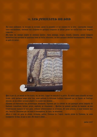 21
14. LES FEUILLETS DU SUD
Ils nous conduisent, de terrasse en terrasse, parmi la poussière et les rumeurs de la ville : marchands clamant
leurs marchandises, tintement des clochettes de quelques troupeaux se hâtant parmi les ruelles vers leur bergerie
respective…
Ou dans les champs emplis de senteurs épicées : thym sauvage, origan, fenouil, romarin, autour desquels
virevoltent des myriades de papillons dans un ballet silencieux, ou bien quelques abeilles bourdonnantes, affairées,
en quête de nectar.
Par-ci par-là, on entend un âne braire, ou, au loin, l’appel du muezzin à la prière. Le soleil nous réchauffe ou nous
écrase, mais quelques pages plus loin, nous goûtons la délicieuse fraîcheur dispensée par un figuier au feuillage
odorant, ou un olivier tortueux planté à la croisée des chemins…
Chemins qu’empruntent des personnages attachants, façonnés par la rudesse de ces paysages parmi lesquels ils
évoluent, travaillent, luttent, prient, espèrent, se réjouissent… Parfois ils peinent, parfois ils dansent, au son
d’instruments typiques de leur pays, rythmes méditerranéens ou orientaux. Et nous peinons, et nous dansons avec
eux, force de l’évocation par les mots d’atmosphères, de lieux, de situations.
Merci à tous ces gens de plume, écrivains, poètes, flammes de l’esprit, esprits pleins de flammes, de nous
transporter là-bas, où que ce soit. On dirait le Sud…
juillet 2017
 