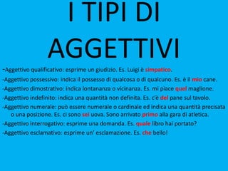 I TIPI DI
                  AGGETTIVI
-Aggettivo qualificativo: esprime un giudizio. Es. Luigi è simpatico.
-Aggettivo possessivo: indica il possesso di qualcosa o di qualcuno. Es. è il mio cane.
-Aggettivo dimostrativo: indica lontananza o vicinanza. Es. mi piace quel maglione.
-Aggettivo indefinito: indica una quantità non definita. Es. c’è del pane sul tavolo.
-Aggettivo numerale: può essere numerale o cardinale ed indica una quantità precisata
   o una posizione. Es. ci sono sei uova. Sono arrivato primo alla gara di atletica.
-Aggettivo interrogativo: esprime una domanda. Es. quale libro hai portato?
-Aggettivo esclamativo: esprime un’ esclamazione. Es. che bello!
 
