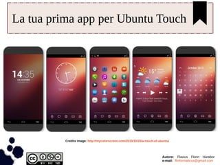 La tua prima app per Ubuntu Touch
Credits image: http://mycolorscreen.com/2013/10/20/a-touch-of-ubuntu/
Autore: Flavius Florin Harabor
e-mail: ffinformaticus@gmail.com
 