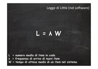 L = λ W
L = numero medio di item in coda
λ = frequenza di arrivo di nuovi item
W = tempo di attesa medio di un item nel sistema
Legge	
  di	
  LiLle	
  (nel	
  soGware)	
  
 