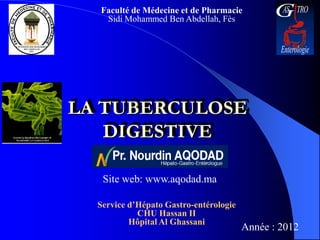Faculté de Médecine et de Pharmacie
   Sidi Mohammed Ben Abdellah, Fès




LA TUBERCULOSE
   DIGESTIVE

   Site web: www.aqodad.ma

  Service d’Hépato Gastro-entérologie
            CHU Hassan II
          Hôpital Al Ghassani
                                        Année : 2012
 